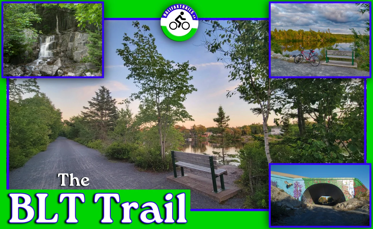 A bicycle parked next to a wooden park bench on the gravel BLT Trail in Halifax, Nova Scotia, overlooking a calm Governor's Lake with vibrant yellow and orange autumn trees under a clear blue sky.