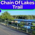 A paved section of the multi-use Chain of Lakes Trail in Halifax, Nova Scotia, showing a smooth asphalt path with a wooden safety railing overlooking a calm blue Bayers Lake, lush green trees, and clear blue sky.