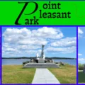 A horizontal, multi-panel header banner for Point Pleasant Park. The top section features a bright green banner containing a white tree icon, a white leaf icon, stylized black text reading "Point Pleasant Park," a red dashed trail line with a red 'X', and a circular HalifaxTrails.ca logo on the far right. Below the banner are three side-by-side vertical photo panels separated by blue borders. The left panel shows an ornate, dark metal victorian gazebo with a picnic table inside, surrounded by green trees. The middle panel shows a stone walkway leading toward the large, grey steel Bonaventure Anchor memorial on a grassy point, overlooking a blue ocean with forested islands under a cloudy sky. The right panel displays the historic, circular stone Prince of Wales Tower martello tower on a grassy lawn under a blue sky.