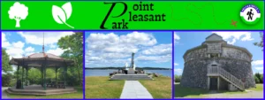 A horizontal, multi-panel header banner for Point Pleasant Park. The top section features a bright green banner containing a white tree icon, a white leaf icon, stylized black text reading "Point Pleasant Park," a red dashed trail line with a red 'X', and a circular HalifaxTrails.ca logo on the far right. Below the banner are three side-by-side vertical photo panels separated by blue borders. The left panel shows an ornate, dark metal victorian gazebo with a picnic table inside, surrounded by green trees. The middle panel shows a stone walkway leading toward the large, grey steel Bonaventure Anchor memorial on a grassy point, overlooking a blue ocean with forested islands under a cloudy sky. The right panel displays the historic, circular stone Prince of Wales Tower martello tower on a grassy lawn under a blue sky.