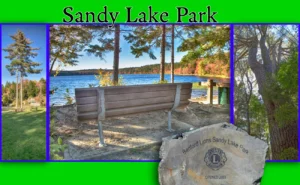 A collage of Sandy Lake Park in Bedford, Nova Scotia, featuring a wooden park bench overlooking the lake, vibrant autumn foliage, a commemorative Bedford Lions Club stone marker from 2003, and tall pine trees under a clear blue sky.