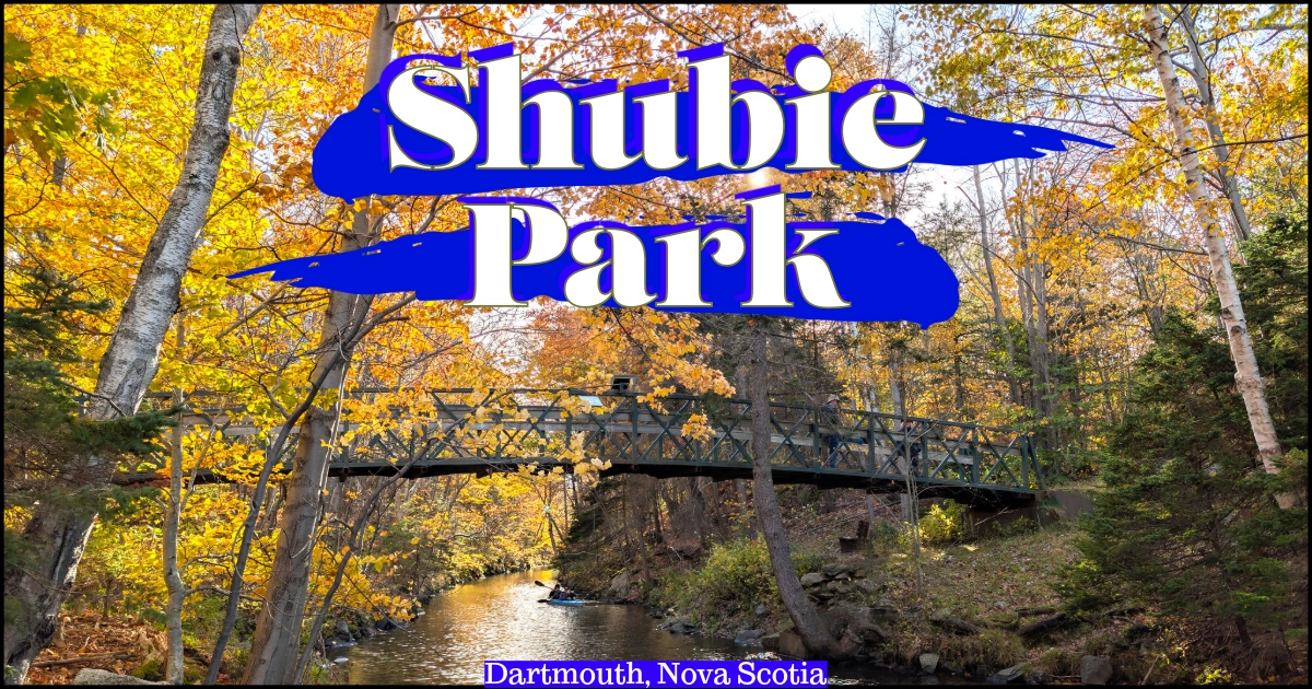 A vibrant autumn landscape of Shubie Park featuring a pedestrian bridge over a canal surrounded by bright yellow fall foliage, with a kayaker paddling below. The image is overlaid with a bright blue brushstroke behind large white text reading "Shubie Park," and smaller text at the bottom reading "Dartmouth, Nova Scotia."