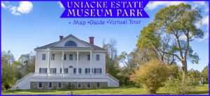 Front view of the historic Uniacke House at Uniacke Estate Museum Park, a white Georgian-style mansion with grand pillars in Mount Uniacke, Nova Scotia
