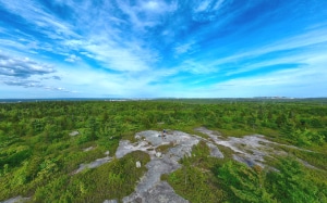 The smooth rocky surface of the summit of blue mountain surrounded by forest with parts of suburban Halifax visible in the distance with a soaring sky above