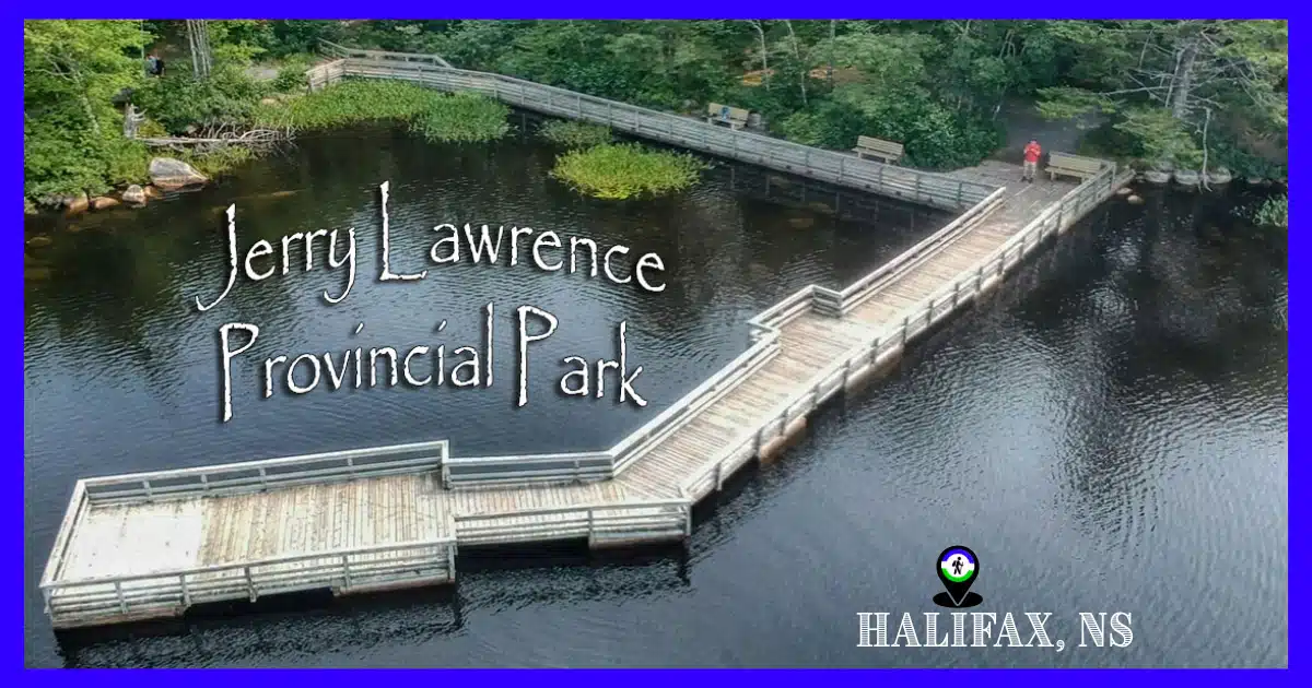 Round Lake shoreline at Jerry Lawrence Provincial Park, featuring a wheelchair-accessible fishing pier and calm water in Upper Tantallon