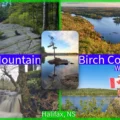 Collage of Blue Mountain Birch Cove Lakes Wilderness Area in Halifax, NS, featuring scenic hiking trails, granite ridges overlooking Kearney Lake, a waterfall, and a lone pine tree on a rocky island.