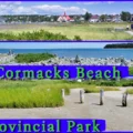 Collage of MacCormacks Beach Provincial Park in Eastern Passage near Halifax, Nova Scotia, featuring a boardwalk trail, coastal rock piles (inukshuks) by the ocean, and a sandy beach area with weathered wooden posts.