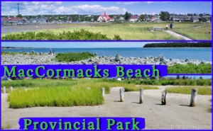 Collage of MacCormacks Beach Provincial Park in Eastern Passage near Halifax, Nova Scotia, featuring a boardwalk trail, coastal rock piles (inukshuks) by the ocean, and a sandy beach area with weathered wooden posts.