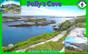 A collage of photos featuring Polly's Cove hiking trail in Halifax, Nova Scotia, showcasing scenic views of the Atlantic coastline, rugged granite rock formations, and blue ocean waters under a clear sky