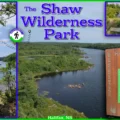 Collage of Shaw Wilderness Park in Halifax, Nova Scotia, featuring an aerial view of Colpitt Lake surrounded by dense forest, a hiker standing on a wooden foot bridge, and a rocky shoreline overlooking a small tree-covered island.