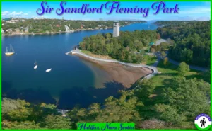 An aerial panoramic view of Sir Sandford Fleming Park in Halifax, Nova Scotia, featuring the historic Dingle Tower, the paved waterfront seawall walkway, and lush green parkland bordering the blue waters of the Northwest Arm.