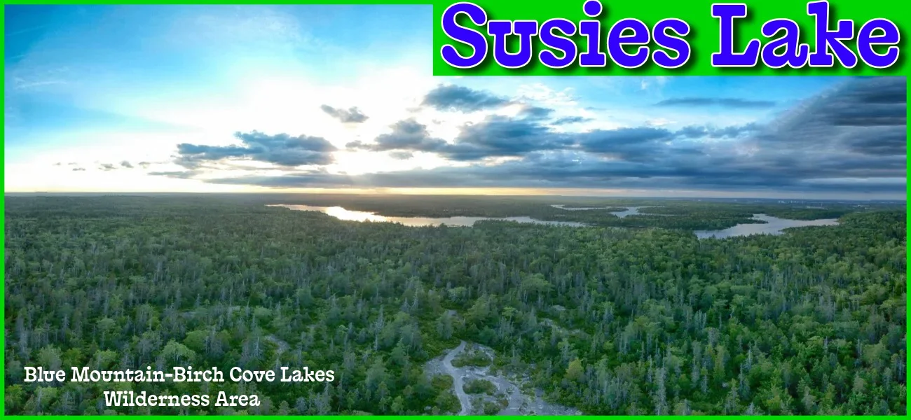 Aerial sunset view of Susies Lake and the lush forest canopy of the Blue Mountain-Birch Cove Lakes Wilderness Area in Halifax, Nova Scotia