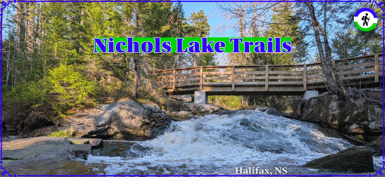 Picturesque Nichols Lake Falls cascading over rocks along a wooded hiking trail in Hatchet Lake, near Halifax, Nova Scotia.