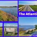 Photo collage of the Atlantic View Trail in Halifax, Nova Scotia, featuring a coastal gravel path, salt marshes, a wooden boardwalk, and a scenic rest bench.
