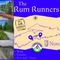 A collage for the Rum Runners Trail in Nova Scotia featuring a scenic map of the South Shore, cyclists on a gravel rail-trail, and views from a long wooden trestle bridge overlooking a river.