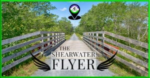 A flat, crusher dust path on the Shearwater Flyer rail trail, showing a wide former railway bed and wooden bridge through a lush green forest in Eastern Passage, Nova Scotia.