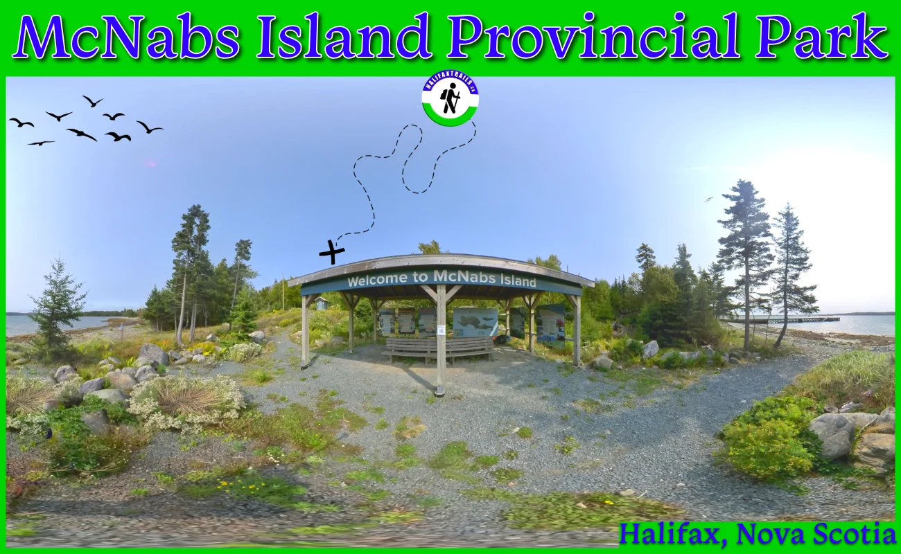 This SEO-optimized alt description for McNabs Island Provincial Park balances descriptive imagery with the specific keywords users often use when searching for outdoor activities in the Halifax area. Alt Description Panoramic view of the welcome shelter at McNabs Island Provincial Park in Halifax, Nova Scotia, featuring informative trail maps and benches, surrounded by coastal trees, rocky shoreline, and the ocean under a clear blue sky