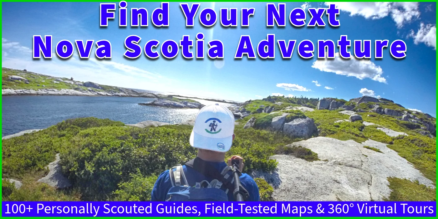 Scenic coastal view of Nova Scotia landscape with text overlay: Find Your Next Nova Scotia Adventure, covering hiking trails, waterways, and coastlines.