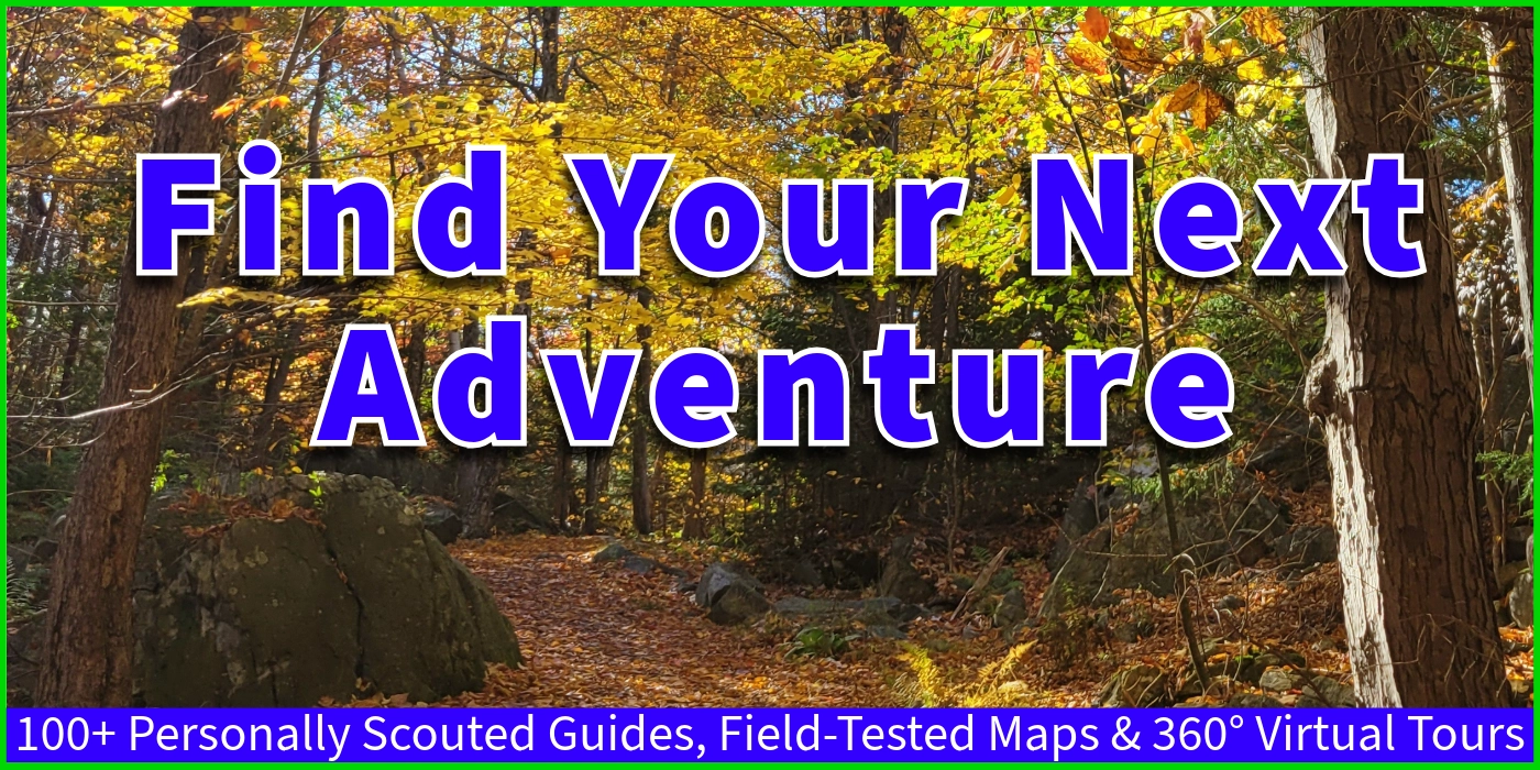 Autumn forest trail background with text that reads 'Find Your Next Adventure' and a banner stating '100+ Personally Scouted Guides, Field-Tested Maps & 360° Virtual Tours'